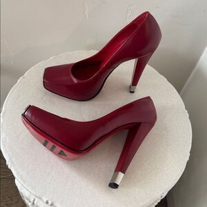 Gianmarco Lorenzi Bold Leather Red Heels Platform Square Toe Red Outsole Size 36